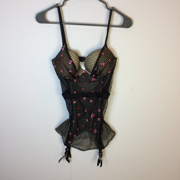 Victoria’s Secret Fishnet Corset Bustier 34C Black Pink Floral with Garter Strap - Picture 1 of 14